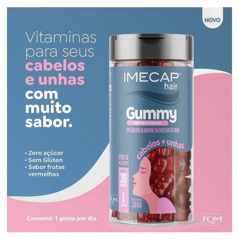 imecap hair gummy 30 gomas sabor frutas vermelhas fqm