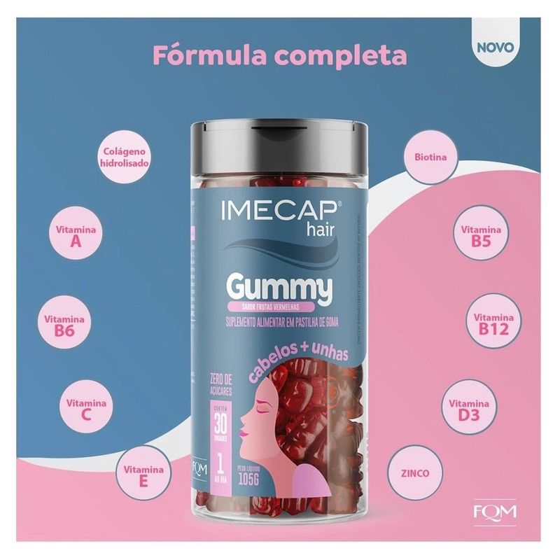 imecap hair gummy 30 gomas sabor frutas vermelhas fqm