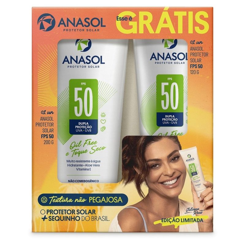 kit protetor solar anasol oil free e toque seco fps50 200g + 120g