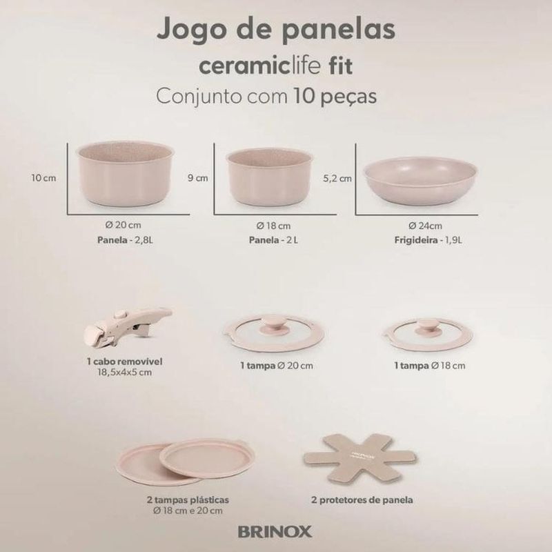 jogo de panelas 10 peças brinox ceramic life fit areia (mp)