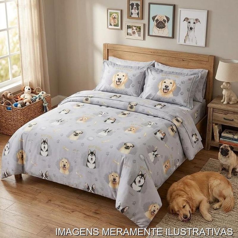 jogo de cama casal 4 peças karsten dog azul 220x250cm (mp)