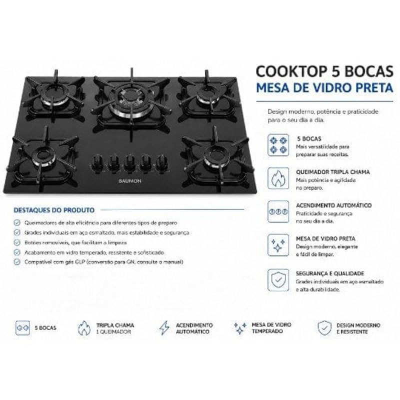 cooktop 5 bocas baumon a gás bivolt preto mcg5bb