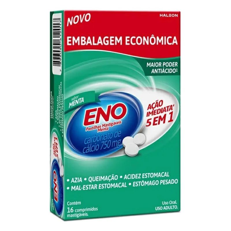 pastilhas eno carbonato de cálcio 750mg sabor menta 16 comprimidos mastigáveis haleon
