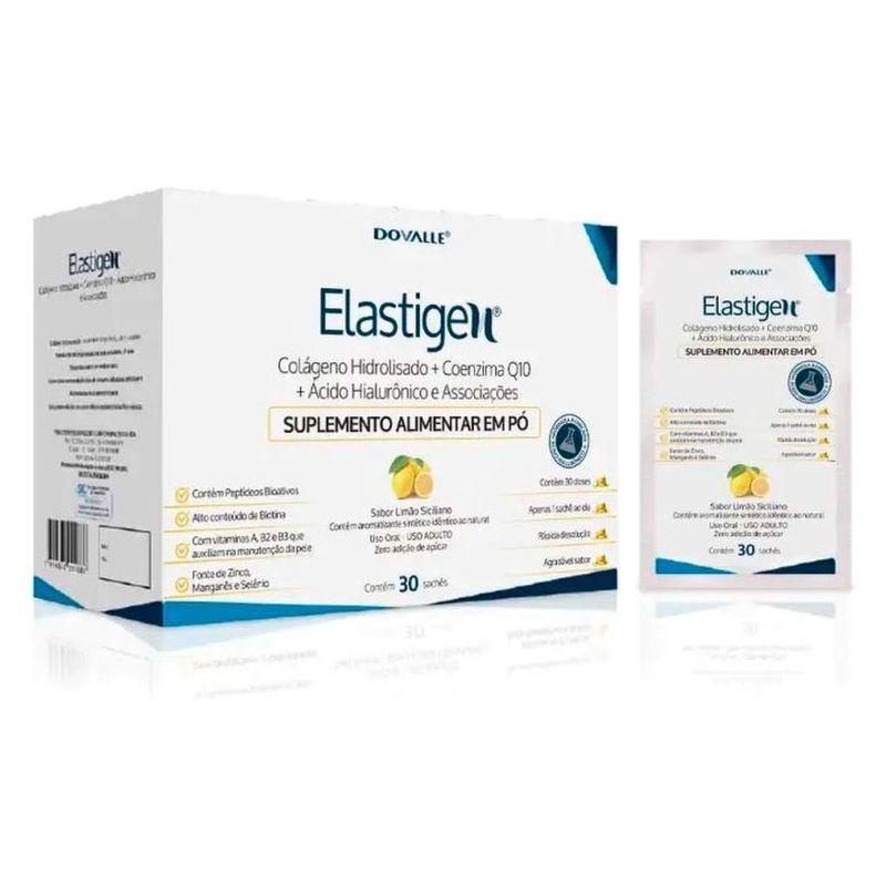 elastigen colágeno hidrolisado + coenzima q10 + ácido hialurônico e associações 30 sachês sabor limão siciliano dovalle