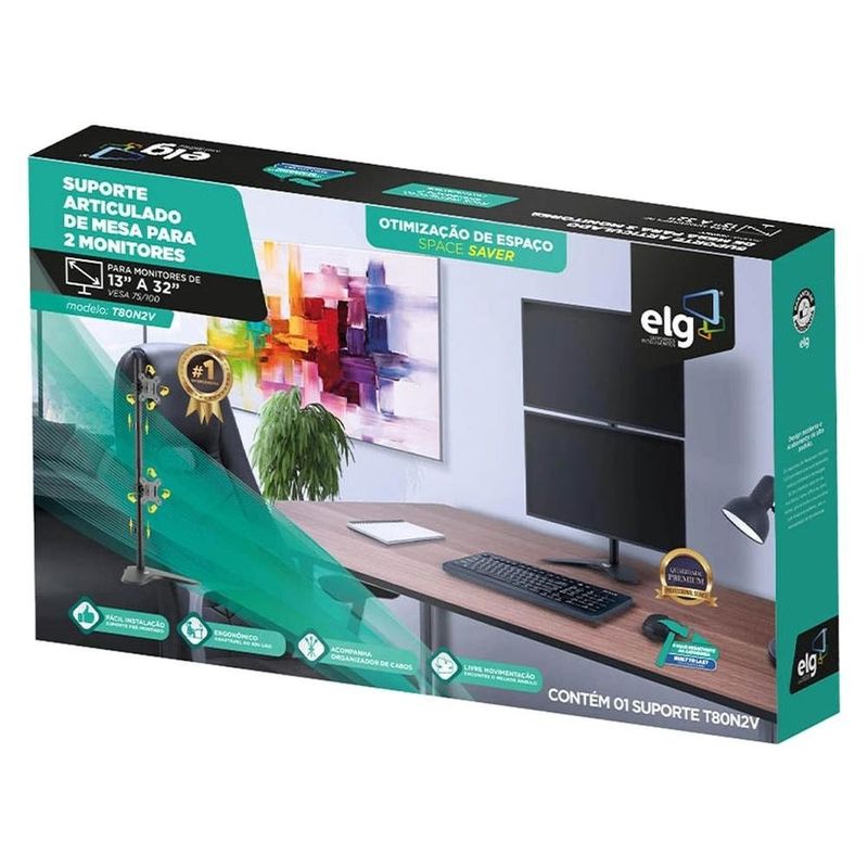 suporte de mesa vertical elg para 2 monitores 15" a 32" t80n2v 84323 (mp)