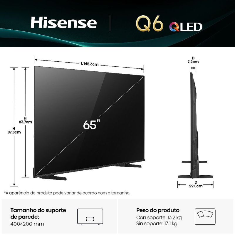 smart tv 4k 65" qled hisense 65q6qv